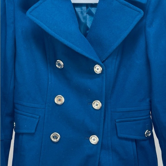 Michael Kors Wool Blend Double Breasted Pea Coat Women's Gold Button Blue Size L - Picture 2 of 13